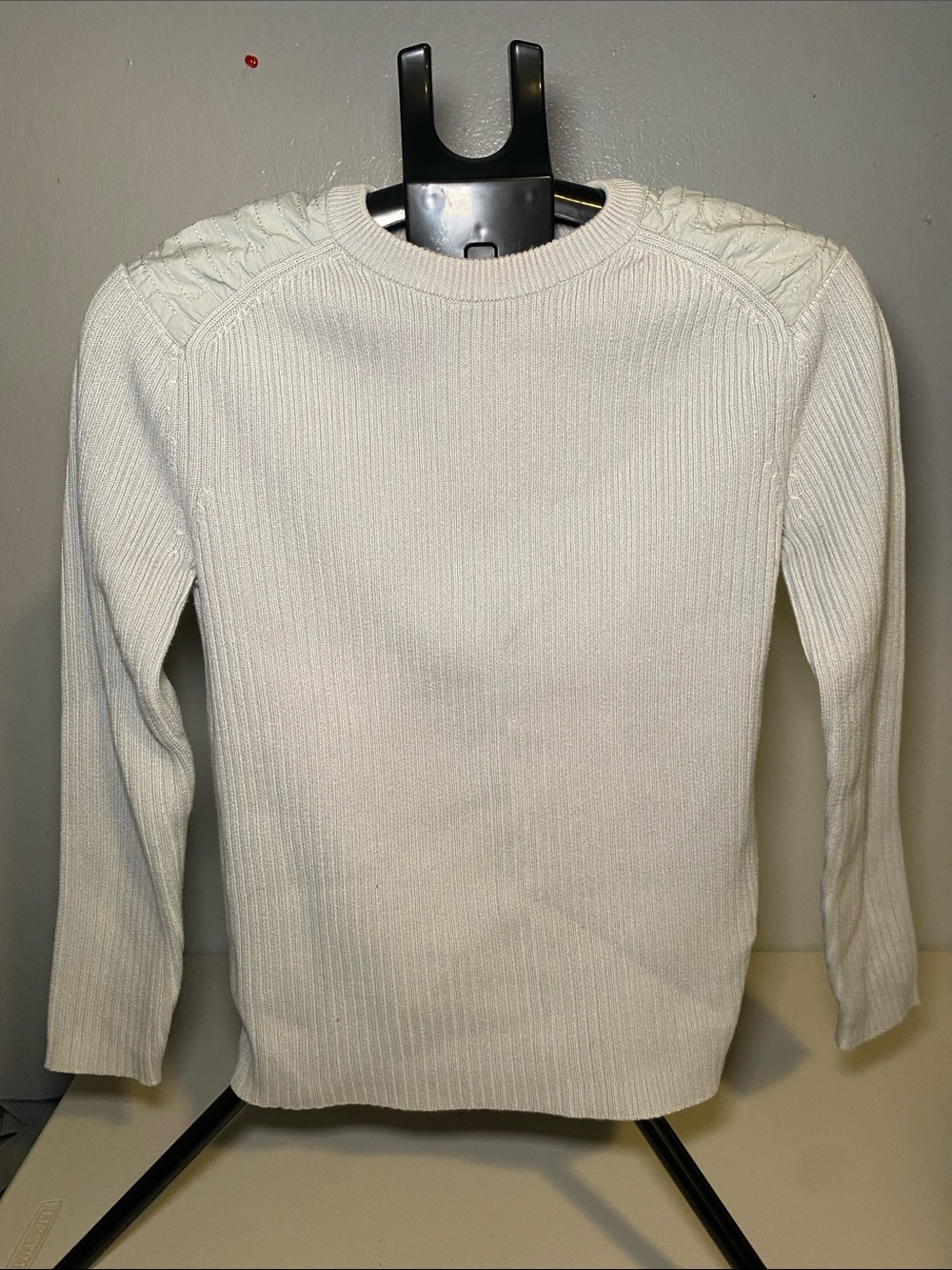 Calvin Klein Cream Ribbed Crewneck Sweater with Shoulder Cable Detail